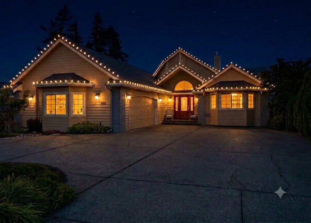 Rambler home with warm white C9 roofline lighting at dusk