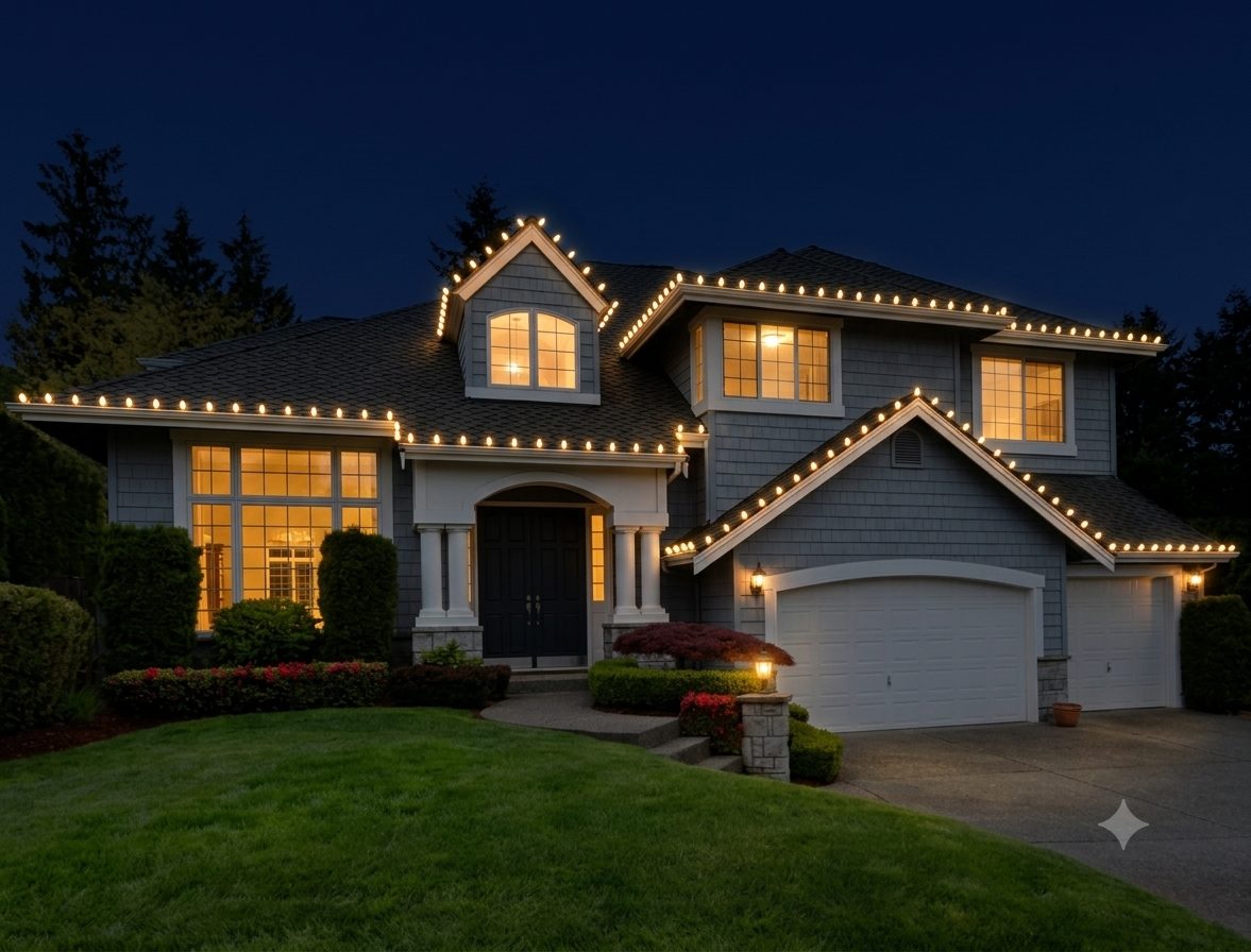 Home with front-facing eaves outlined in warm white C9 lights
