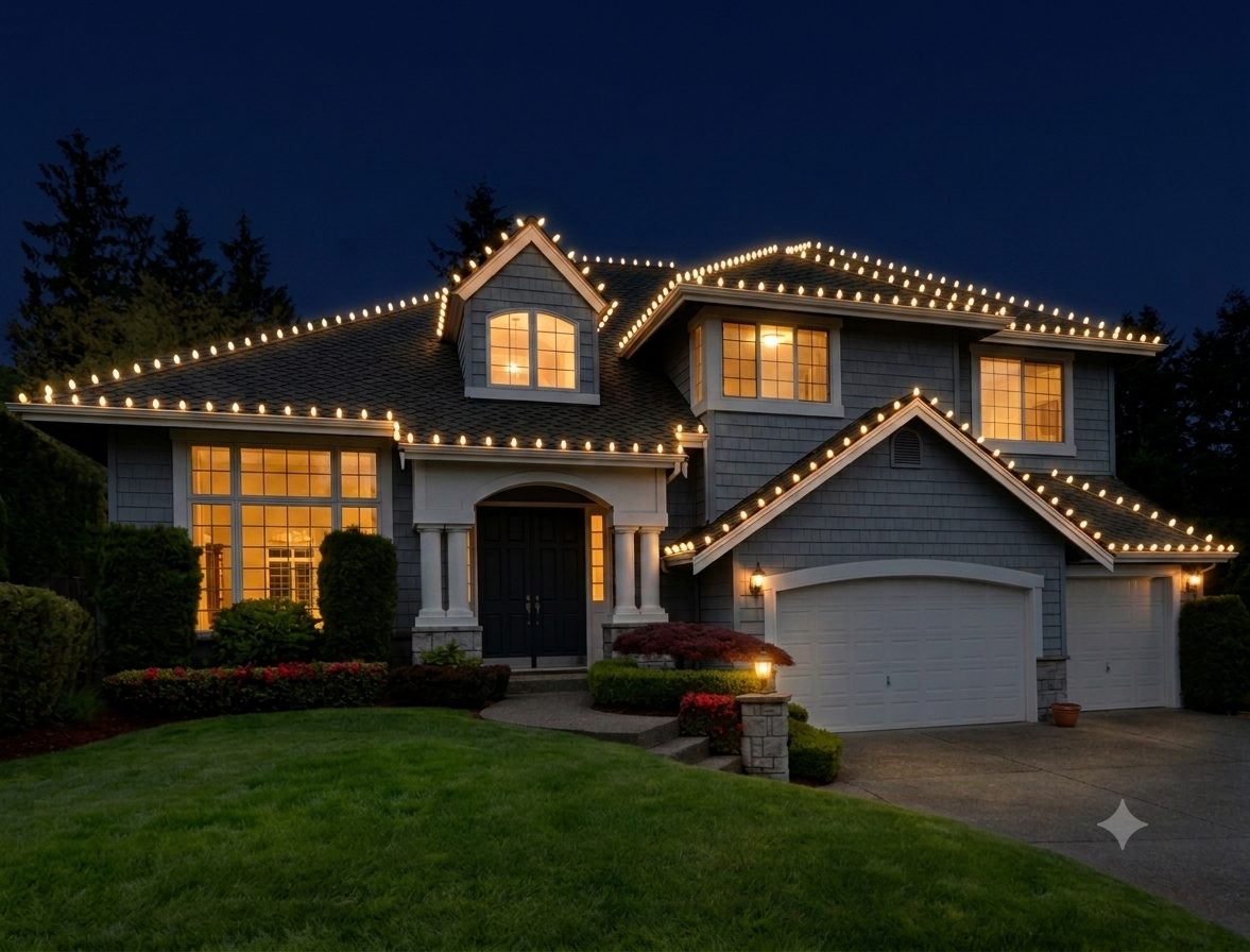 Home with complete roofline outlined in warm white C9 lights