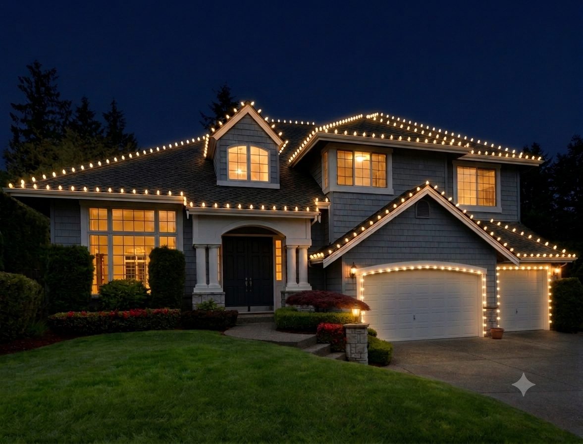 Home with full roofline and garage outlined in warm white C9 lights